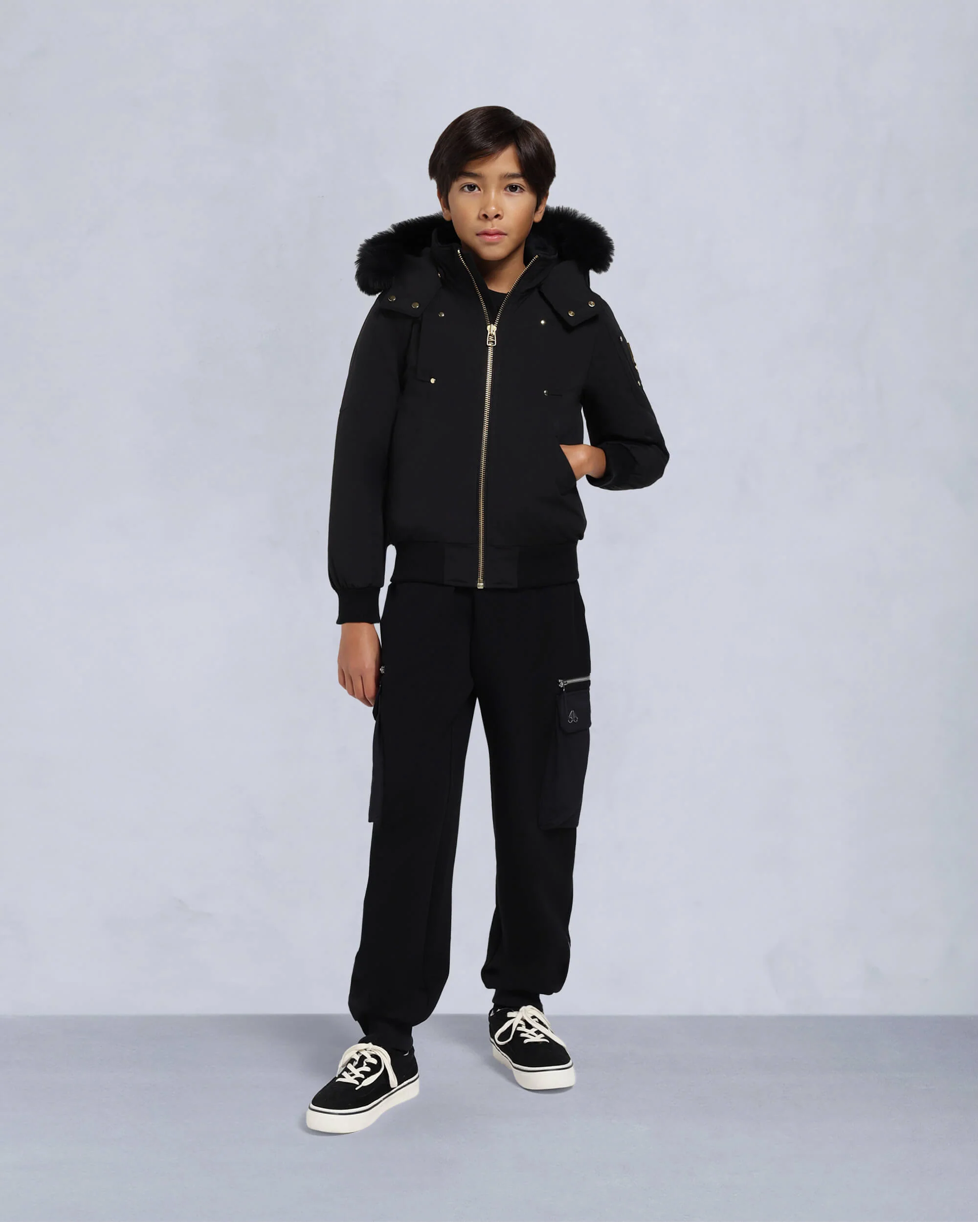 KIDS UNISEX ORIGINAL SHEARLING TRIM BOMBER -BLACK/NATURAL